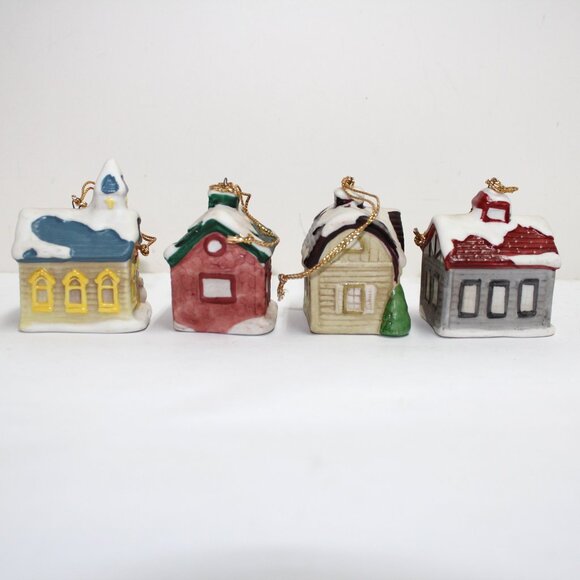 Vintage HOMCO #5555 Set of 4 Christmas Village Building Ornaments - Original Box - Picture 4 of 10